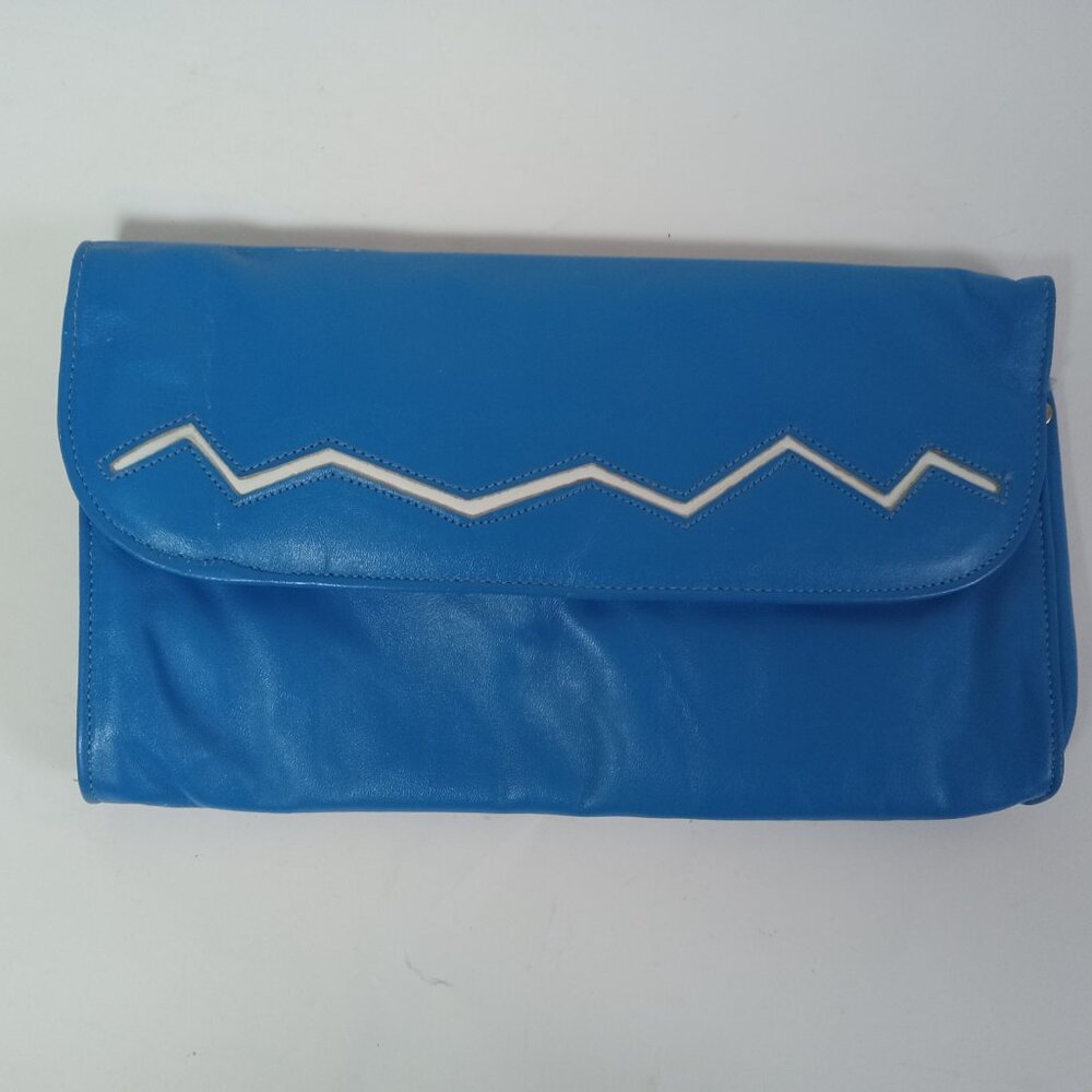 Vintage 1970s Bright Blue Leather Clutch Purse Zig Zag Ida Sacs Inc Kitchener